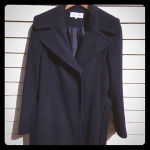 Calvin Klein wool blend black car coat with tie